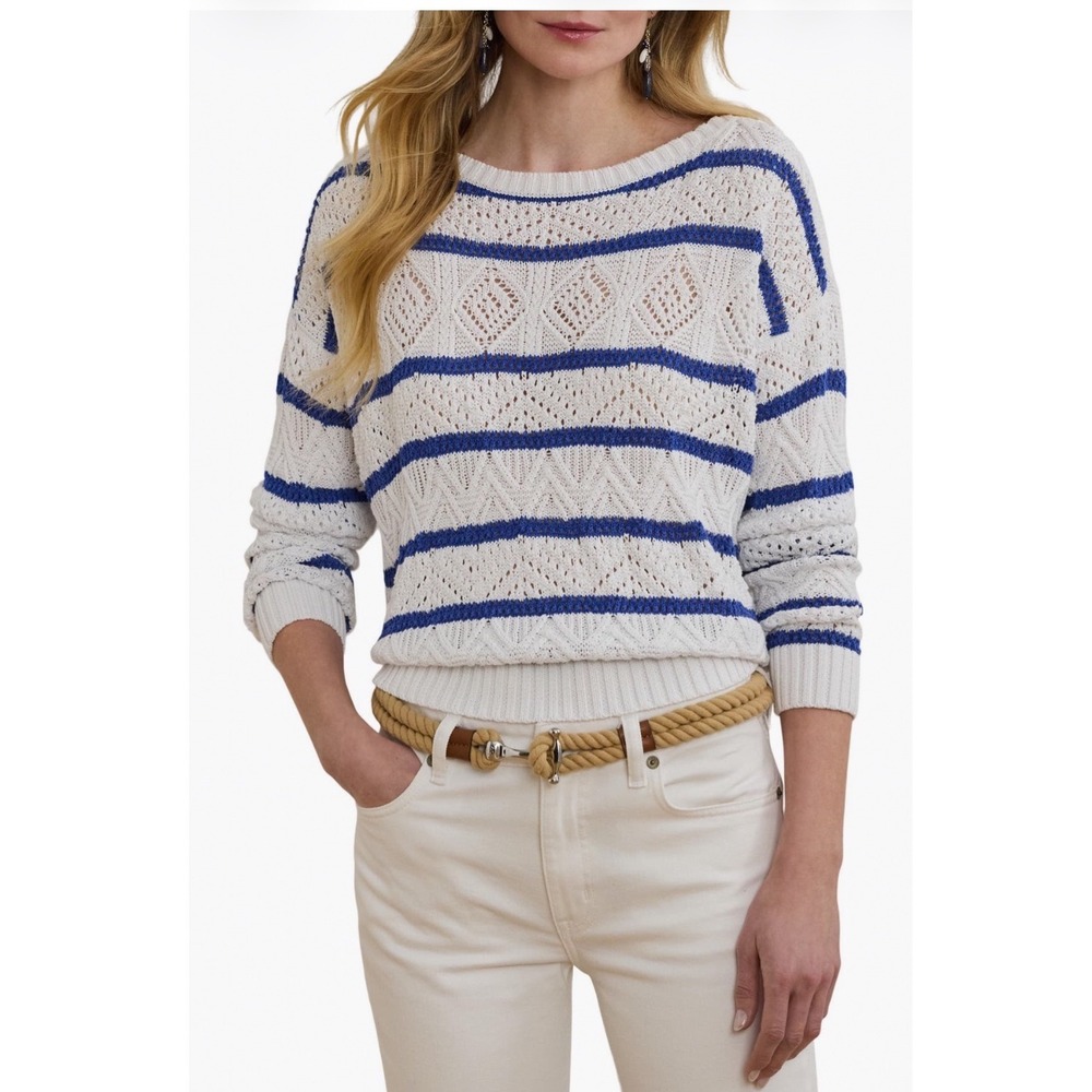 Lauren Ralph Lauren Blue White Stripe Pointelle Cotton Blend Sweater 22072 XL